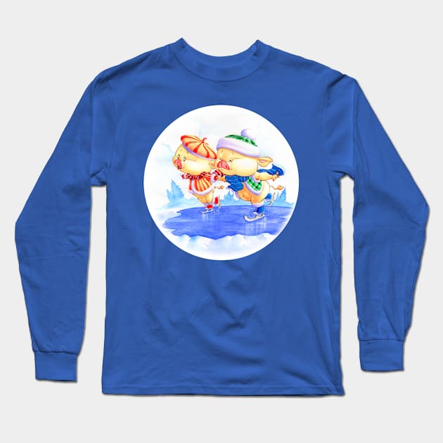 CUTE BABY PIGS ICE SKATING, ADORABLE BABY ANIMALS Long Sleeve T-Shirt by ReignGFX